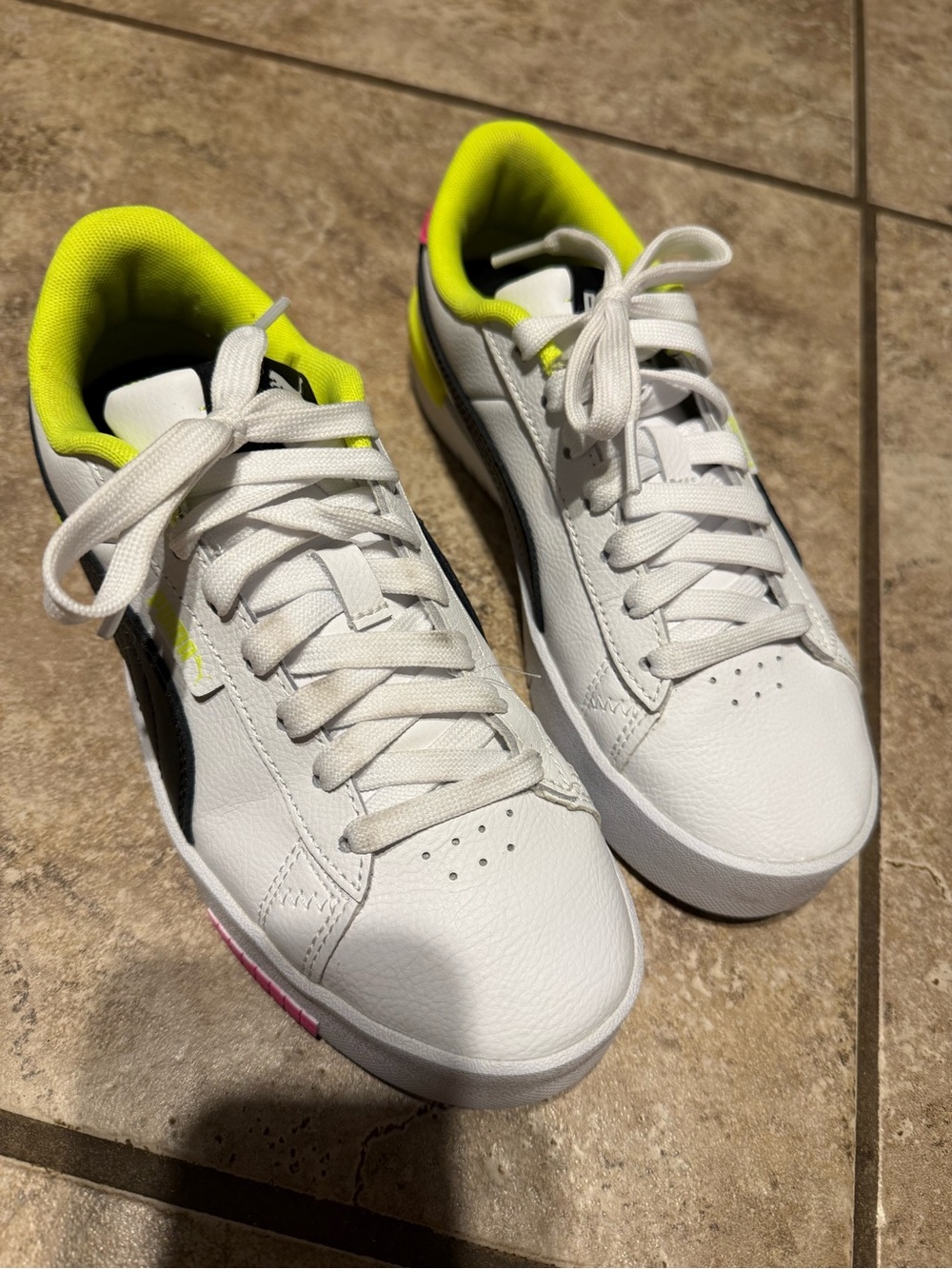 Puma White Sneakers with Neon Yellow Lining and Black Formstripe